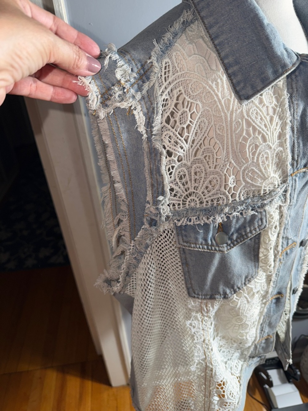 POL Light Blue Denim Vest with White Lace Inset - Picture 3 of 11